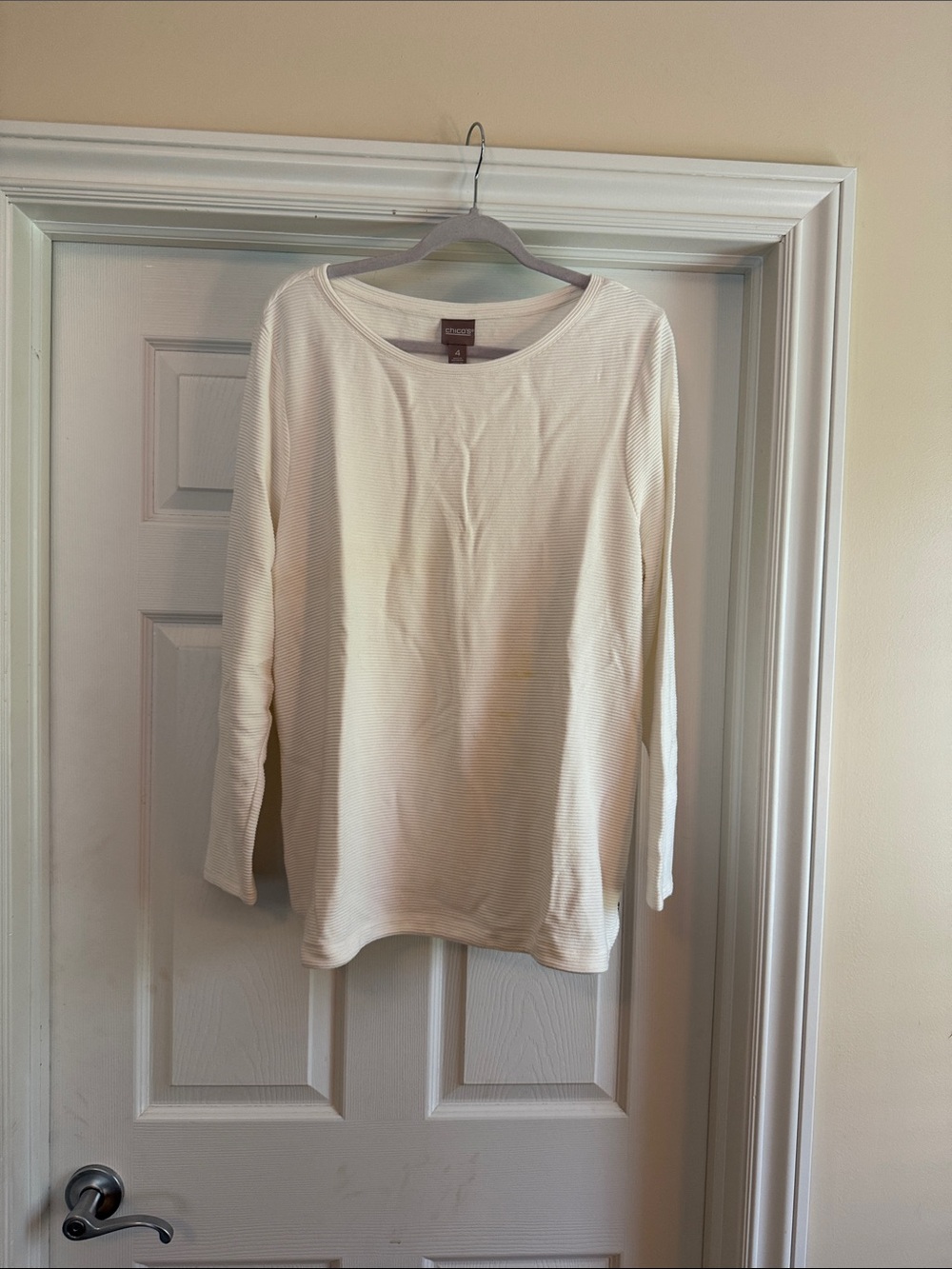 Chico's Cream Ribbed Long Sleeve Crew Top